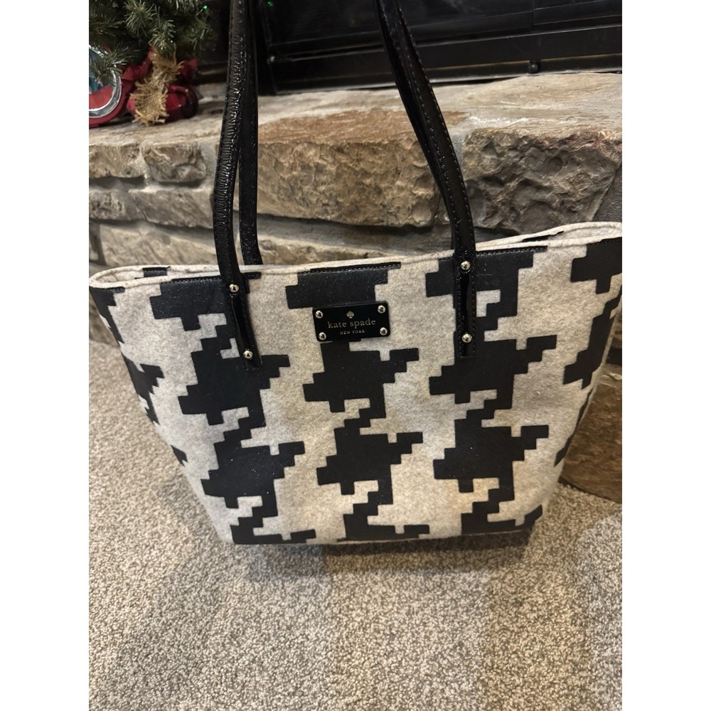 Kate‎ Spade Telltale Twinkle Tote Set Black Sparkle Cream Wool Houndstooth